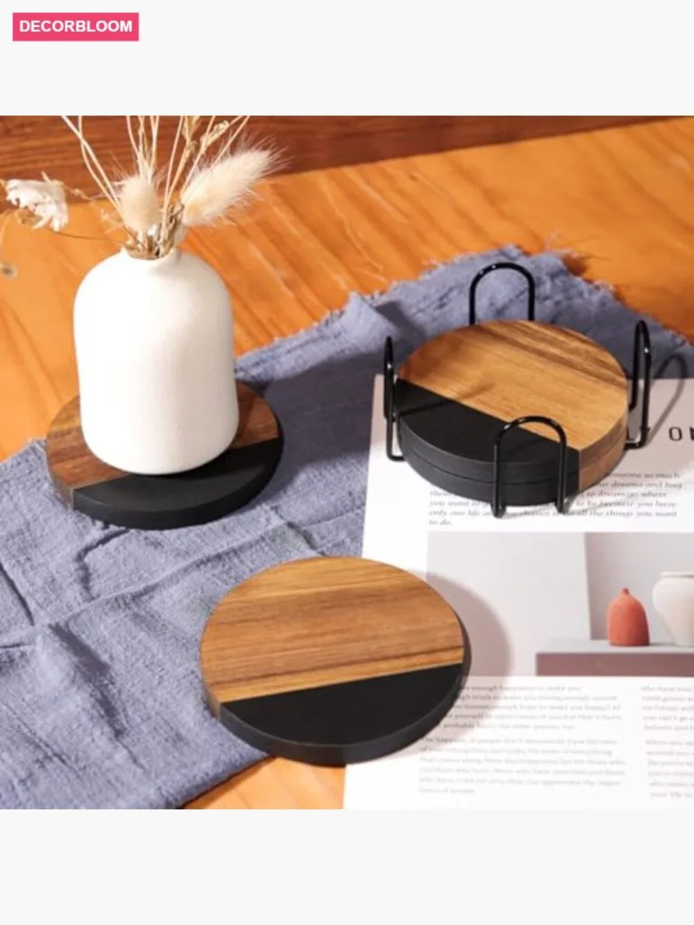 Set of 4 Acacia Wood Drink Coasters with Iron Holder